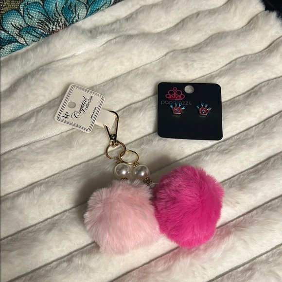 paparazzi Accessories - Pink Pom Pom Keychain with Paparazzi Crown Earrings